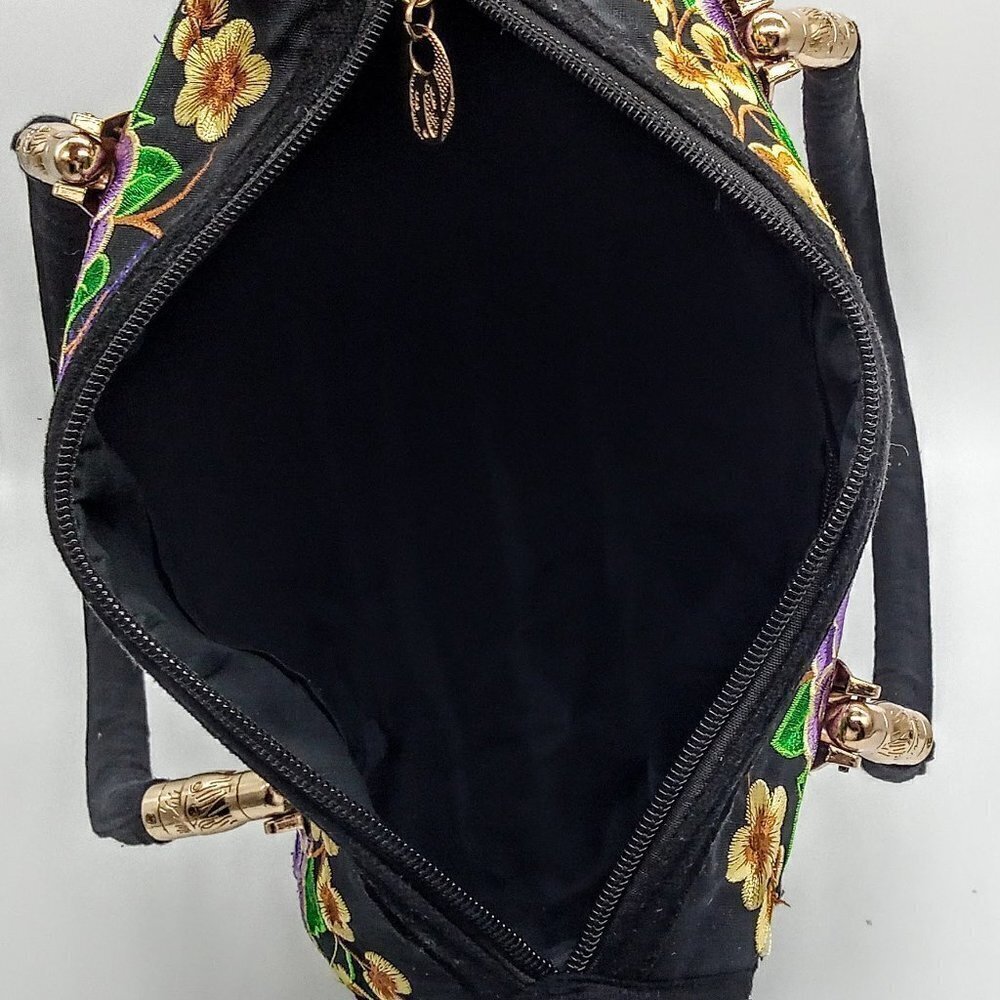 Purple Green Gold Floral Embroidered Satchel Bag - Picture 6 of 7